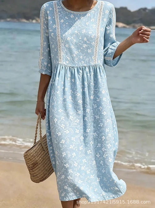 Women's Floral Print Ruched Midi Dress with Half Sleeves