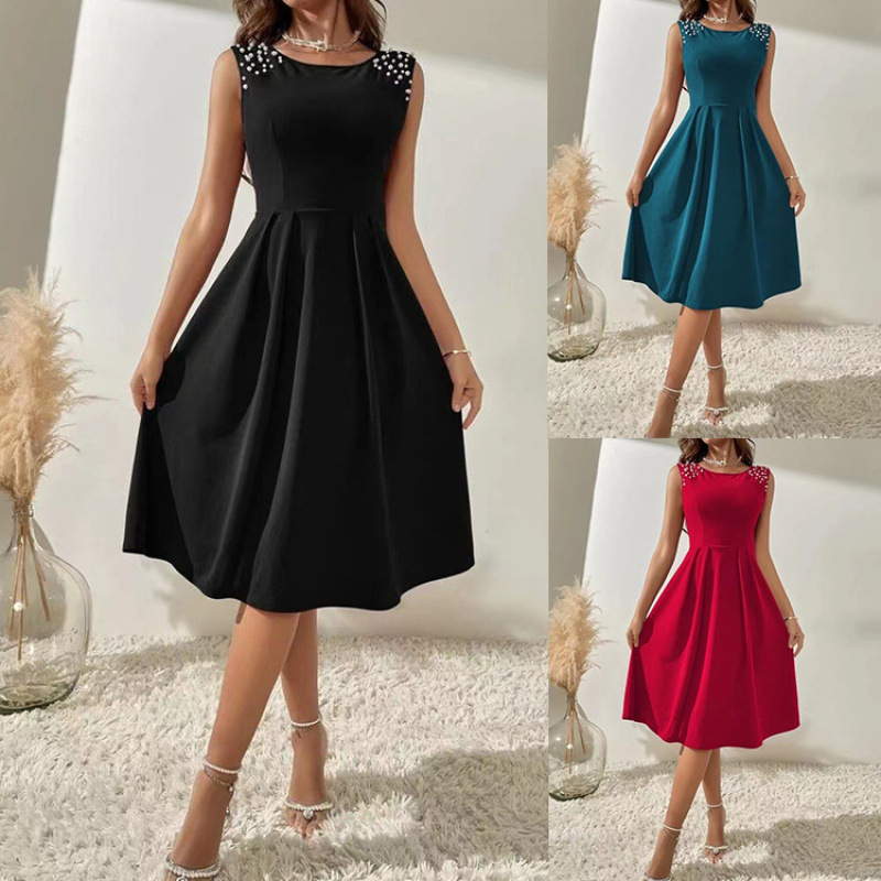 Women's Sleeveless Beaded Round Neck Slim Fit Midi Dress