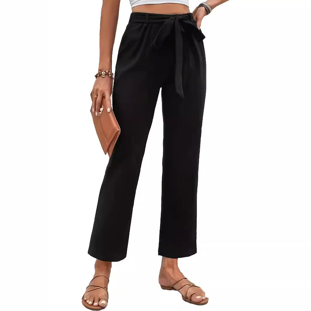 Cotton-Linen Wide-Leg Cropped Pants with Elastic Waist and Tie