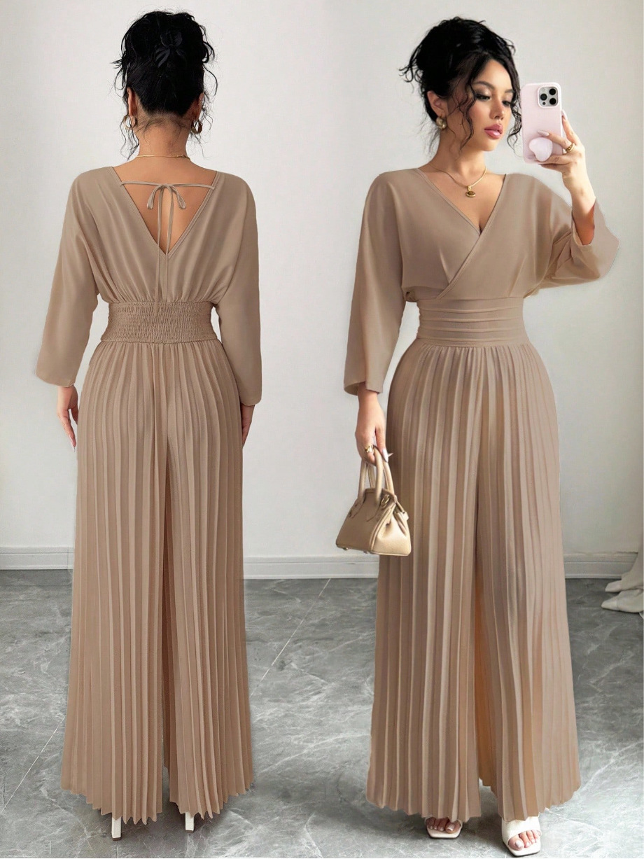 Elegant Solid V-Neck Pleated Waist-Defining Wide-Leg Jumpsuit