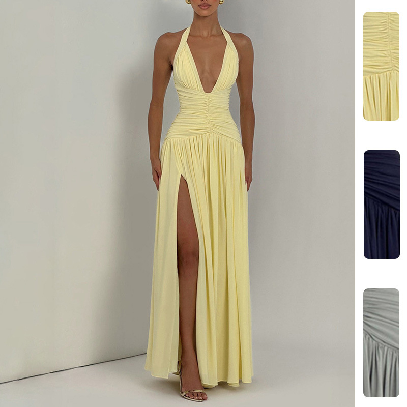 French-Style Deep V Slit Solid Color Dress