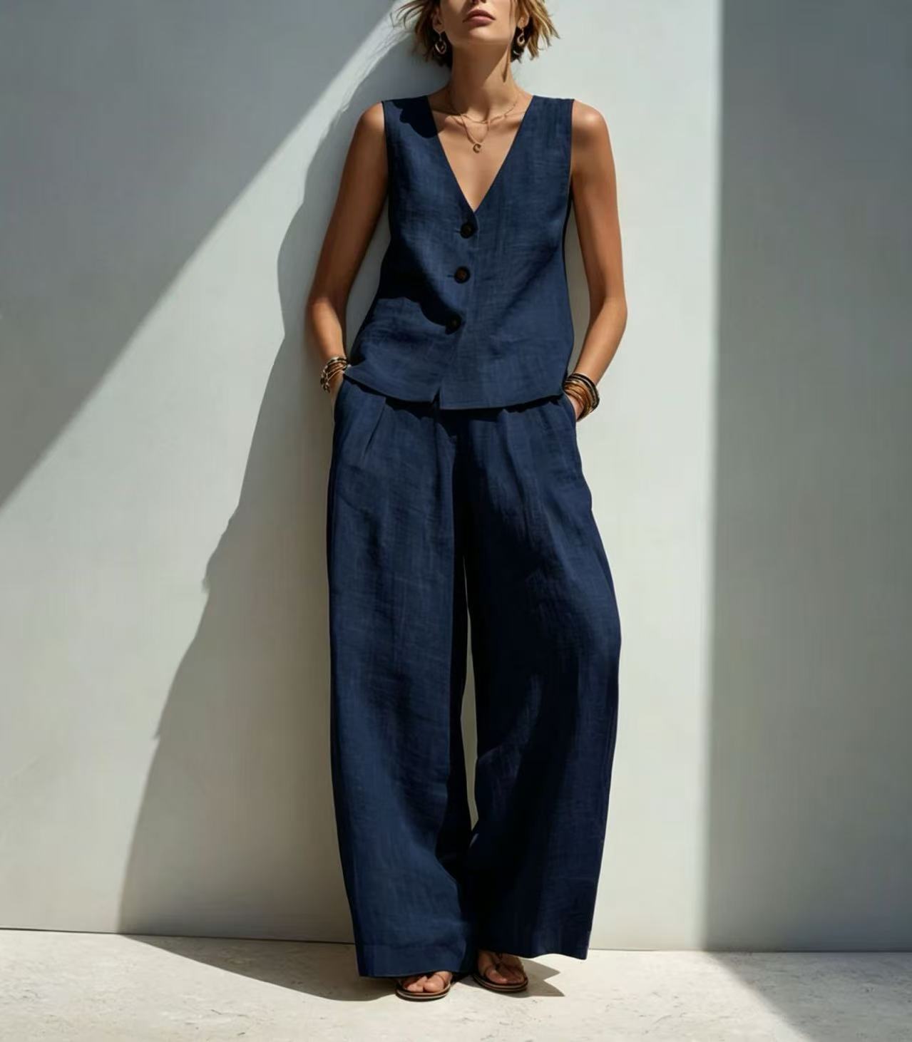 Linen-Blend V-Neck Button Tank Top & High-Waist Wide-Leg Pants Set