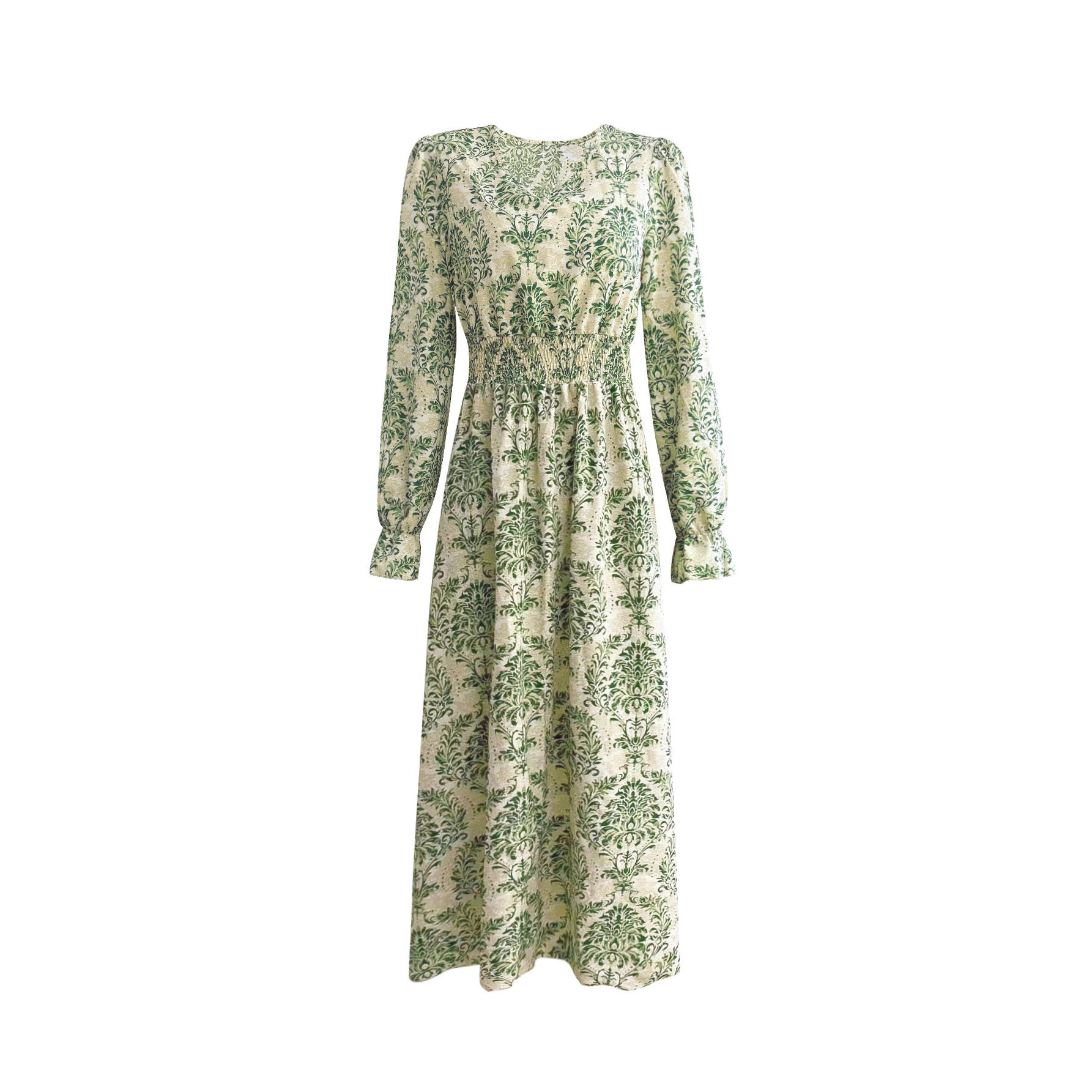 TUME Vintage Floral Print V-Neck Long Sleeve Maxi Dress