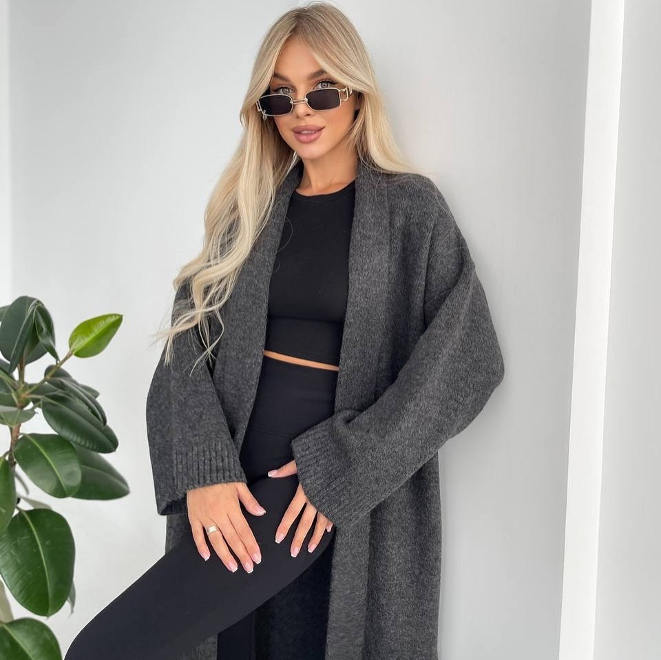 Women's Collarless Long Cardigan Sweater Coat Elegant Loose Fit