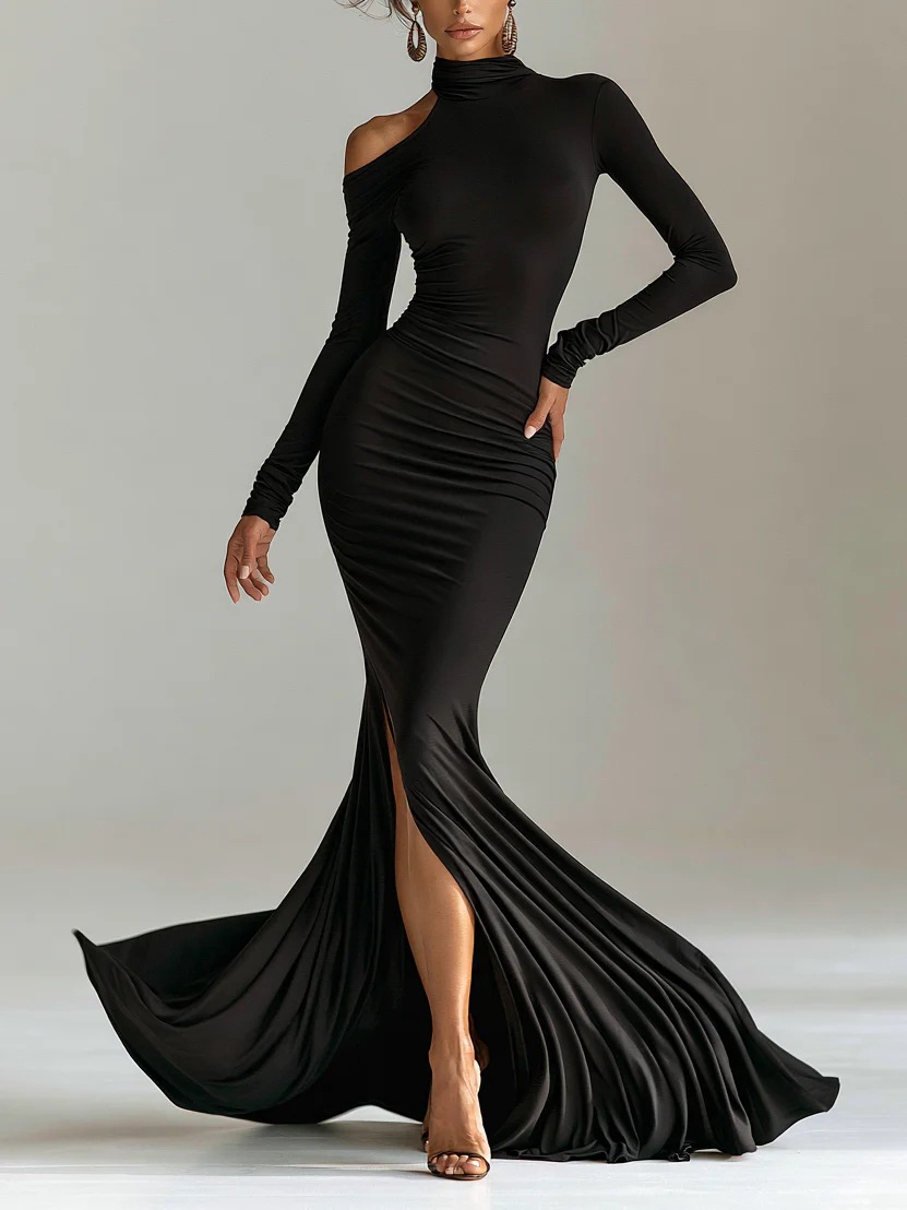 High Neck One-Shoulder Long Sleeve Mermaid Gown Ruched Slit Floor-Length