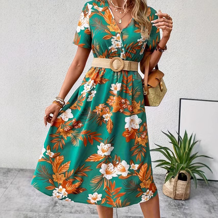 V-Neck Short Sleeve Floral Print Midi Dress