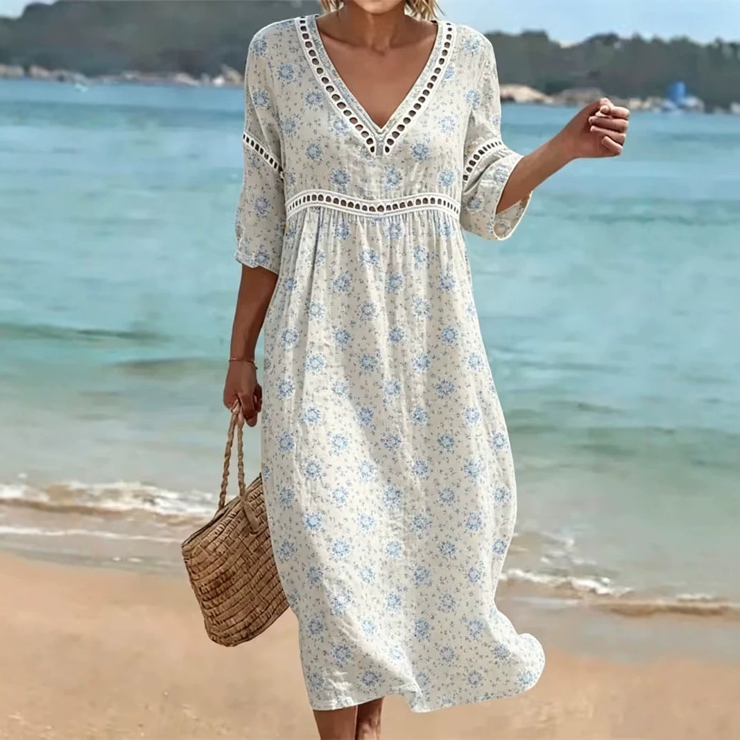 Women's Floral Polka Dot Print Pleated Midi Dress
