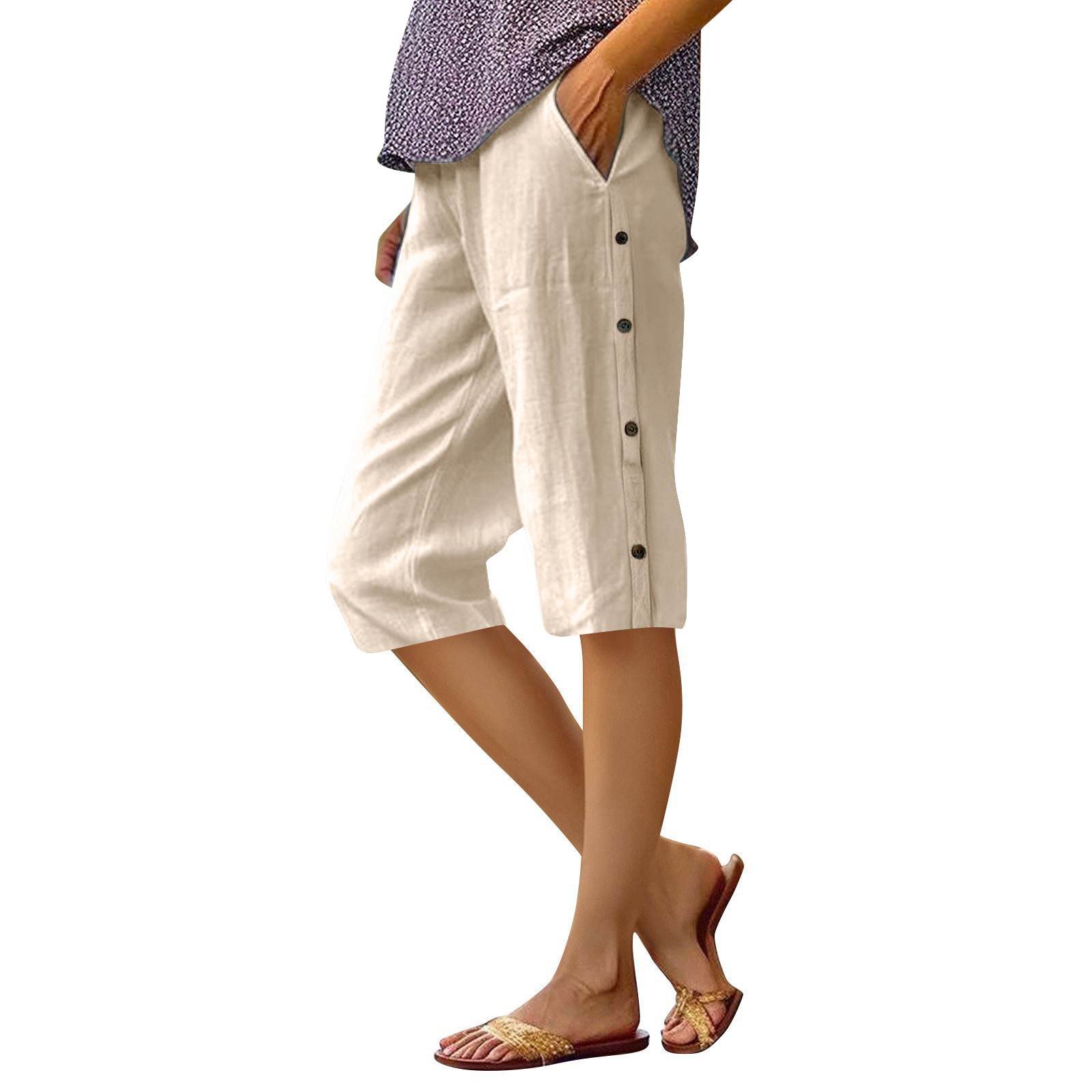 Cotton-Linen Cropped Pants with Side Button Detail and Pockets