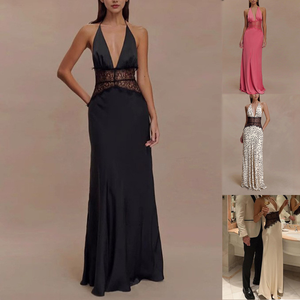Elegant Deep V Satin Halter Maxi Dress with Spliced Waist