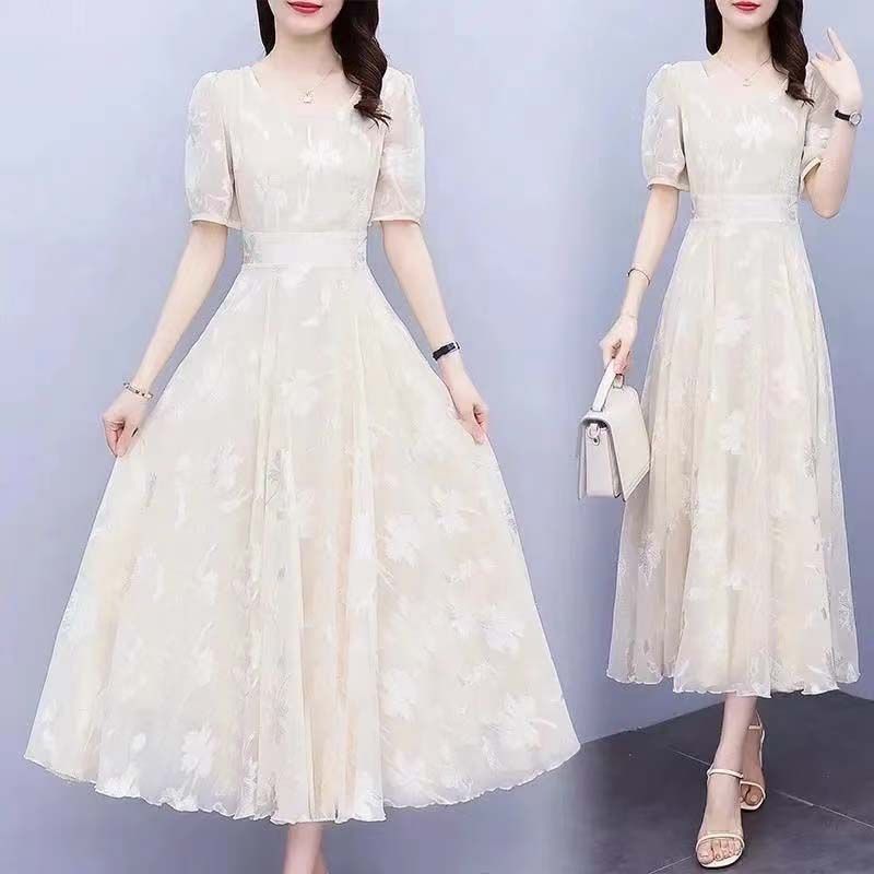 Women's Floral A-Line Midi Dress Short Sleeve Round Neck