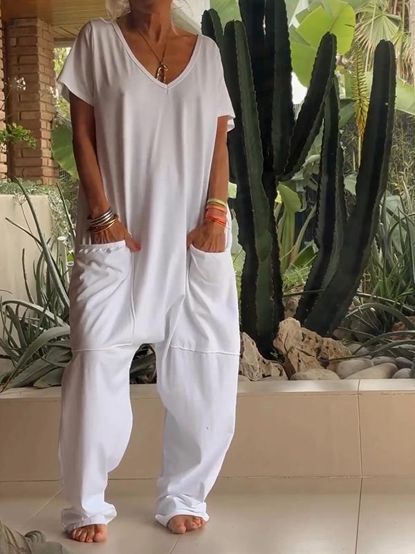 Women's Solid Color V-Neck Short Sleeve Jumpsuit with Pockets