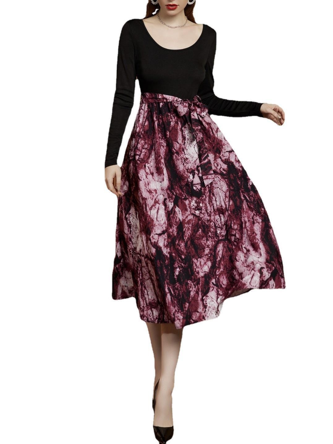 Women's Long Sleeve Floral Print Patchwork Dress