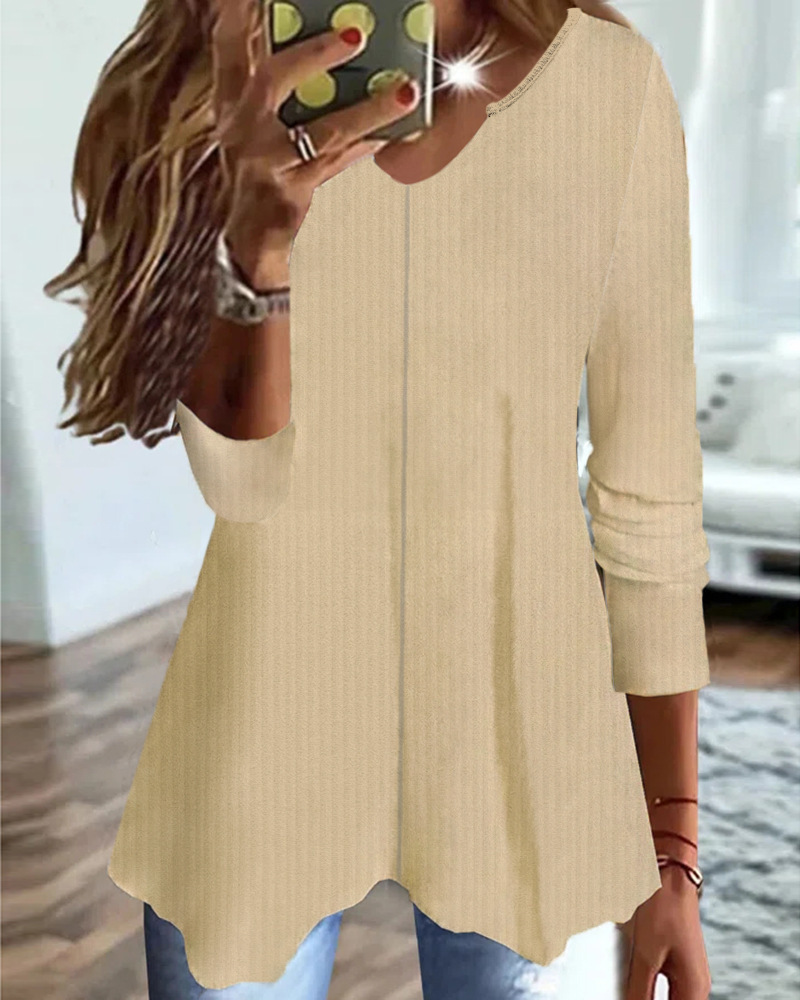 Women's Solid Color V-Neck Knit T-Shirt Long Sleeve Loose Fit