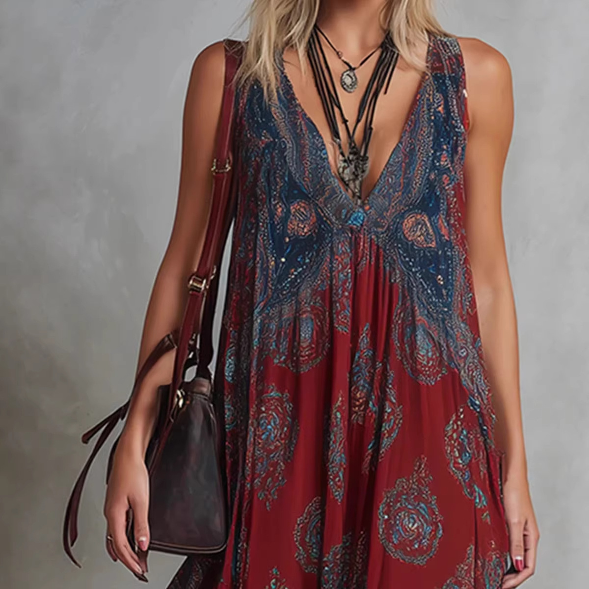 Bohemian Sleeveless V-Neck Printed Maxi Dress