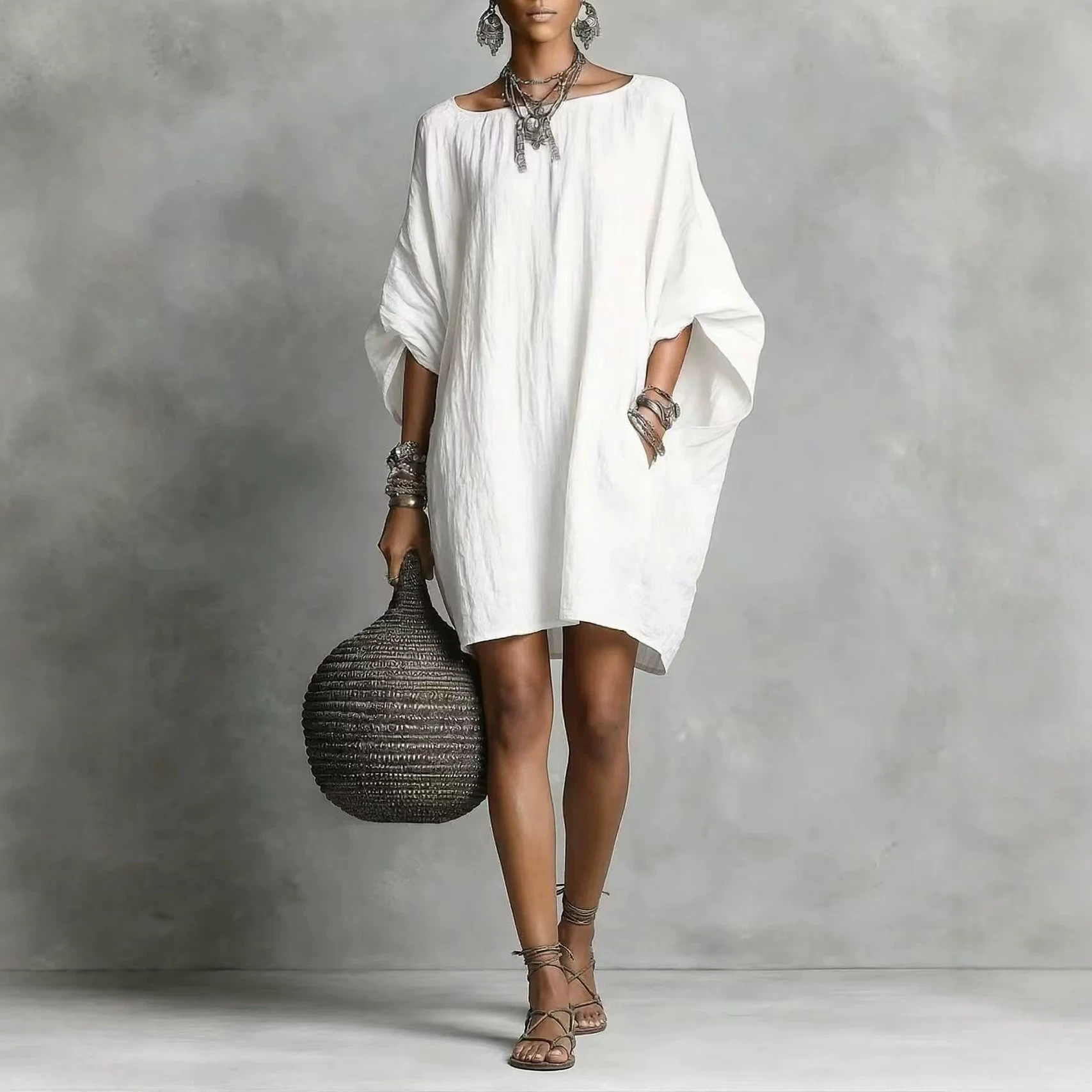 Women's Casual Loose Batwing Sleeve Midi Dress Faux Cotton Linen Pleated