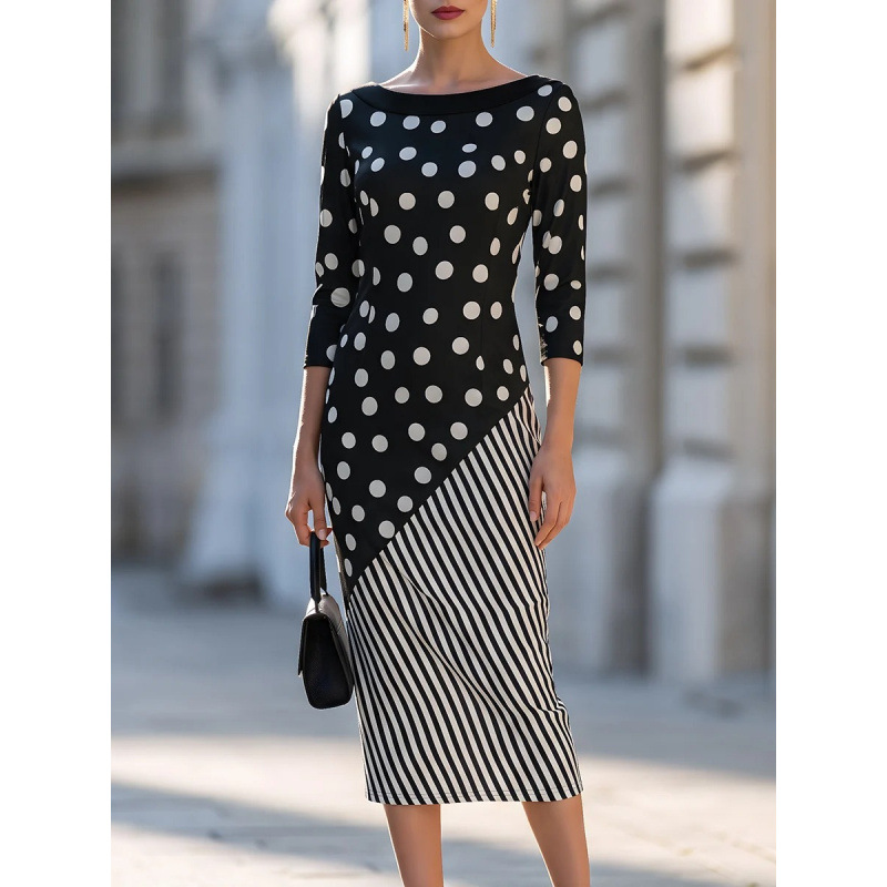 Elegant Vintage Polka Dot Patchwork Long Sleeve Dress