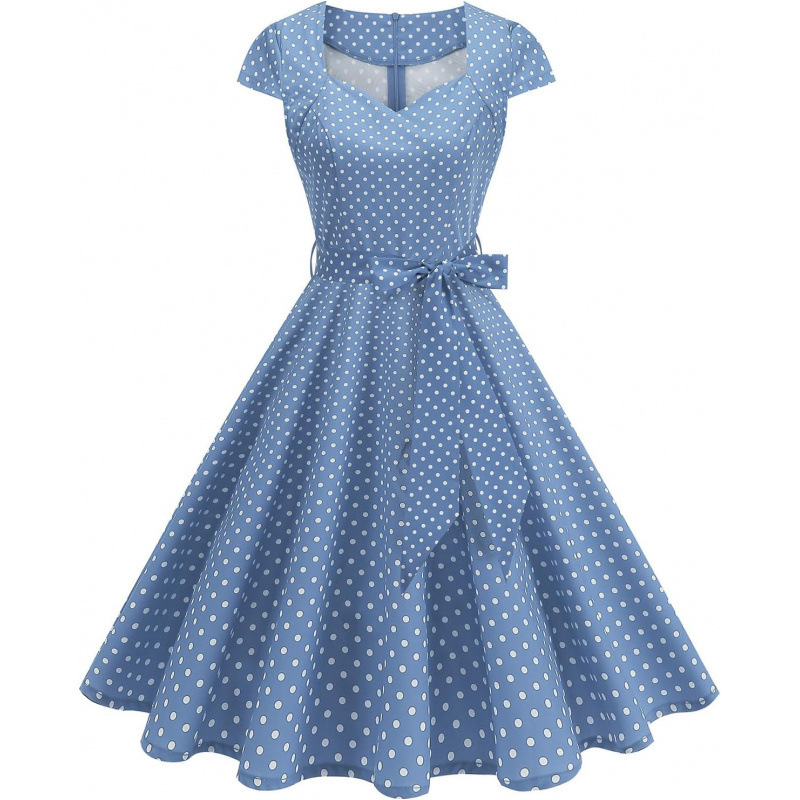 Retro Polka Dot V-Neck Short Sleeve Midi Dress with Tie