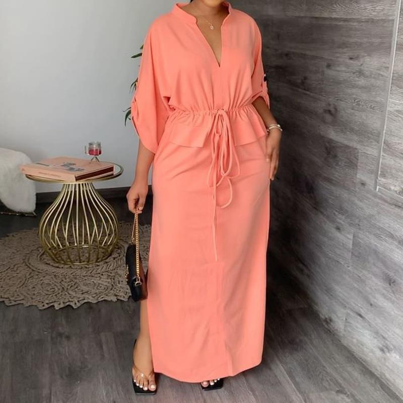 Women's Stand Collar Slit Solid Color Long Dress