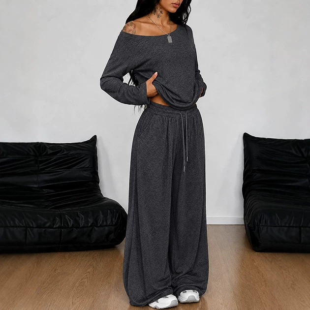 Women's Casual Loungewear Set Long Sleeve Top & Wide Leg Pants