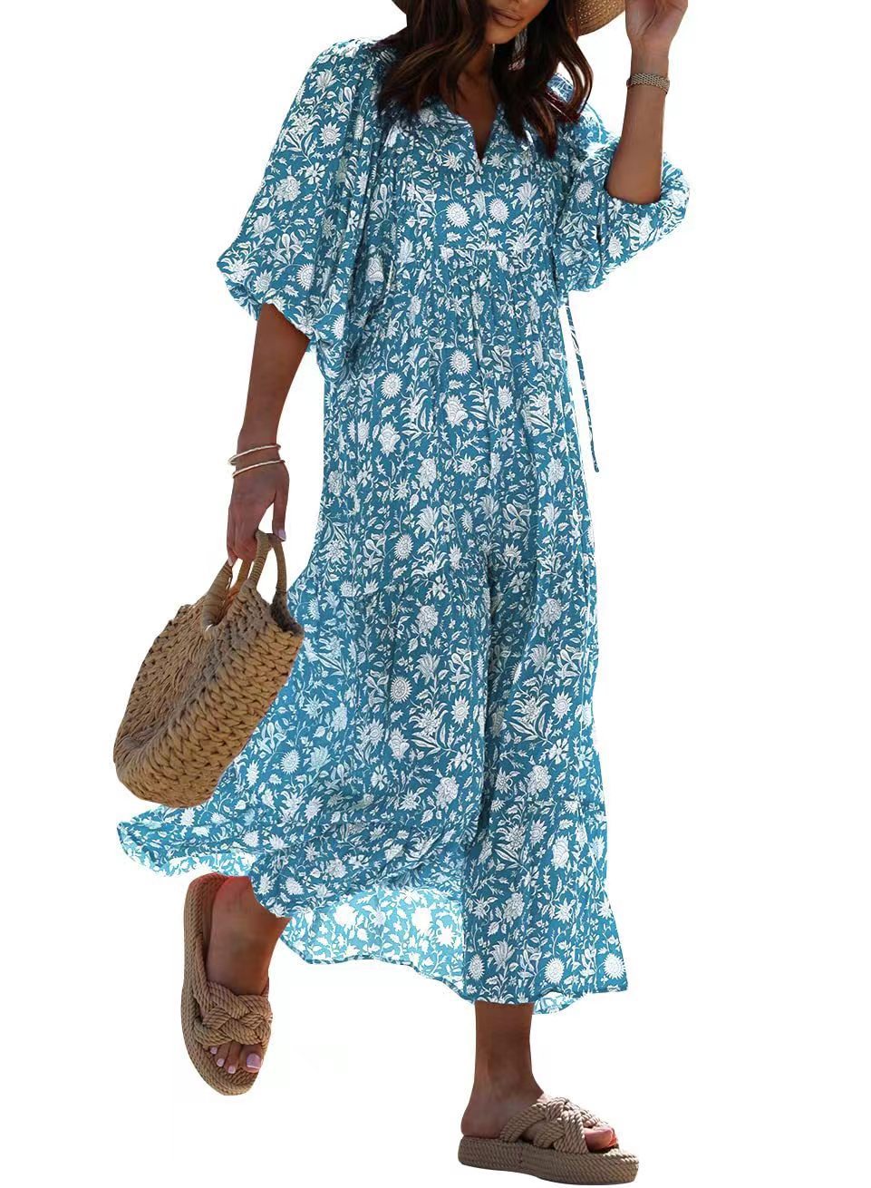 Geometric Print Puff Sleeve Maxi Dress with High Waist and Tie Detail