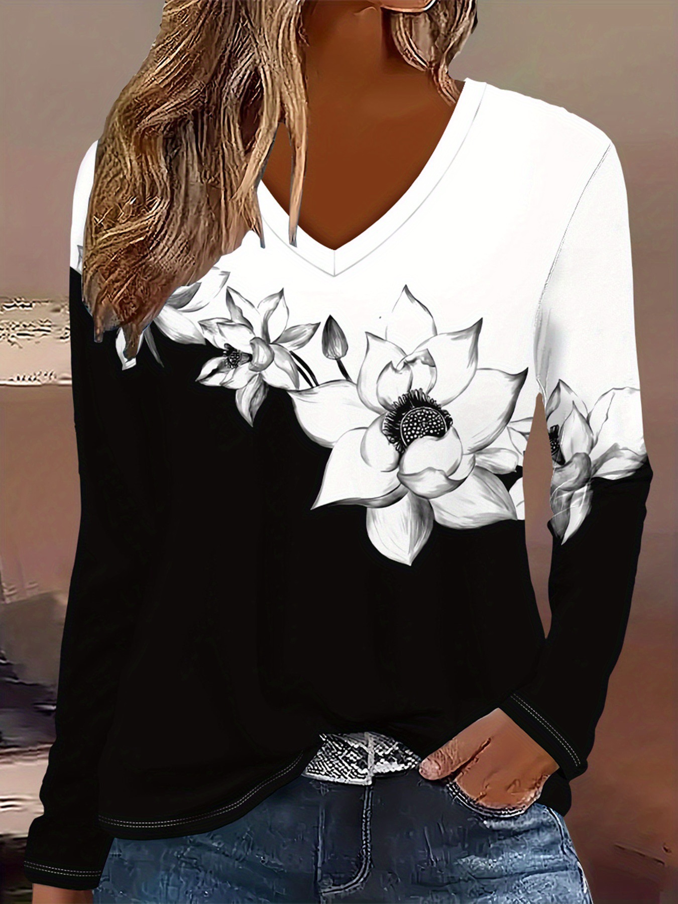 Bohemian Floral V-Neck Long-Sleeve Loose Casual T-Shirt