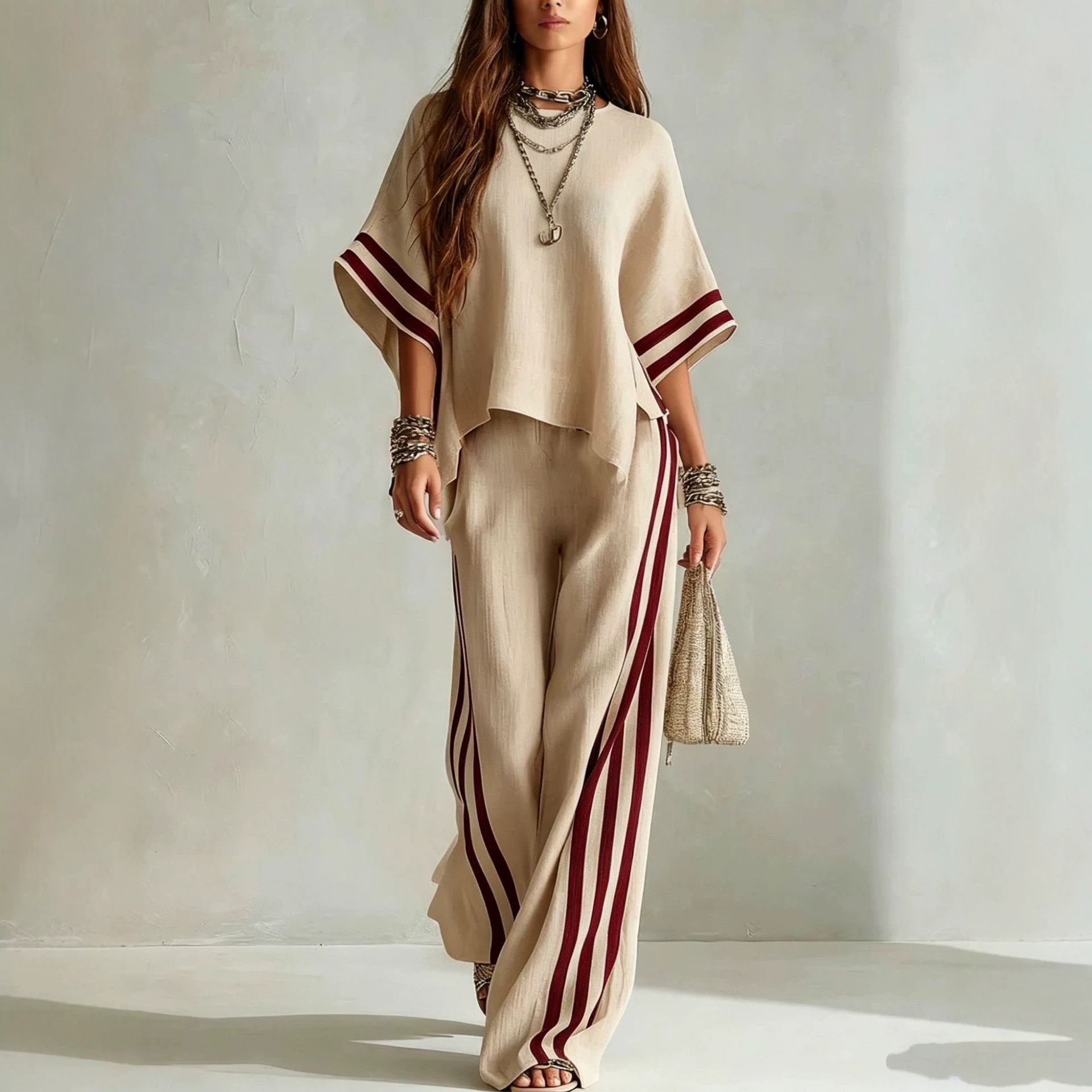 Women's Striped Two-Piece Wide-Leg Pants Set Casual Colorblock