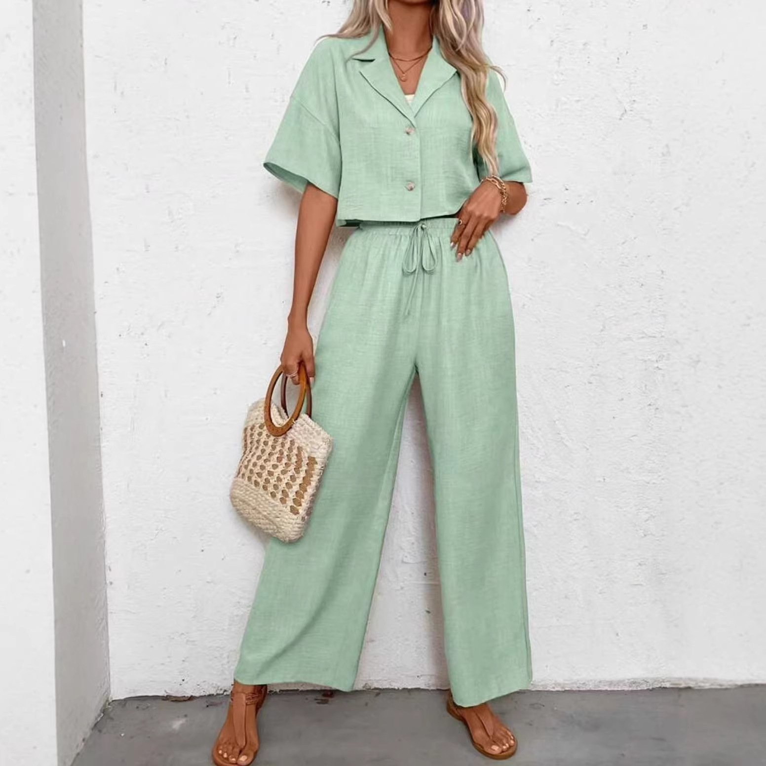 Women's Casual Wide-Leg Two-Piece Set Solid Color