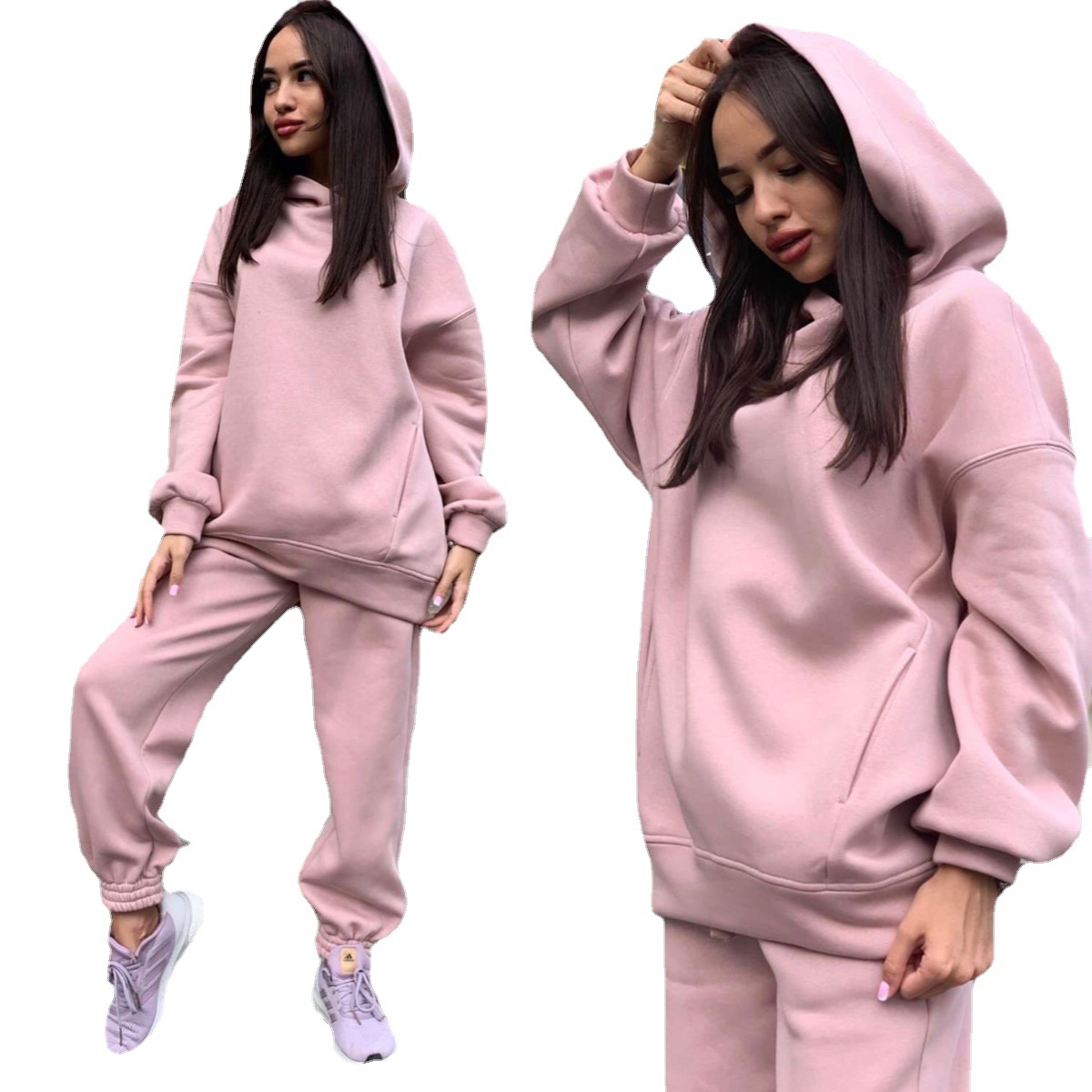 Women's Solid Color Hooded Sweatshirt Two-Piece Set Casual