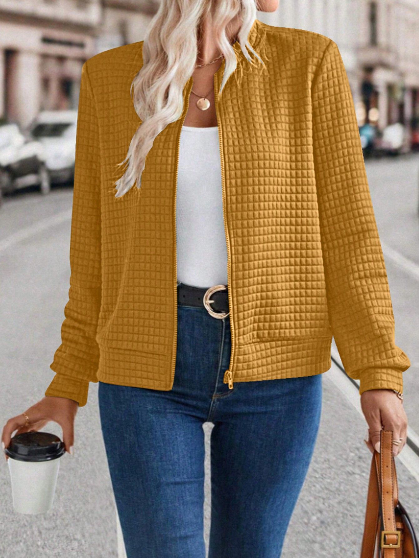 Women's Solid Color Zip-Up Jacket with Textured Finish