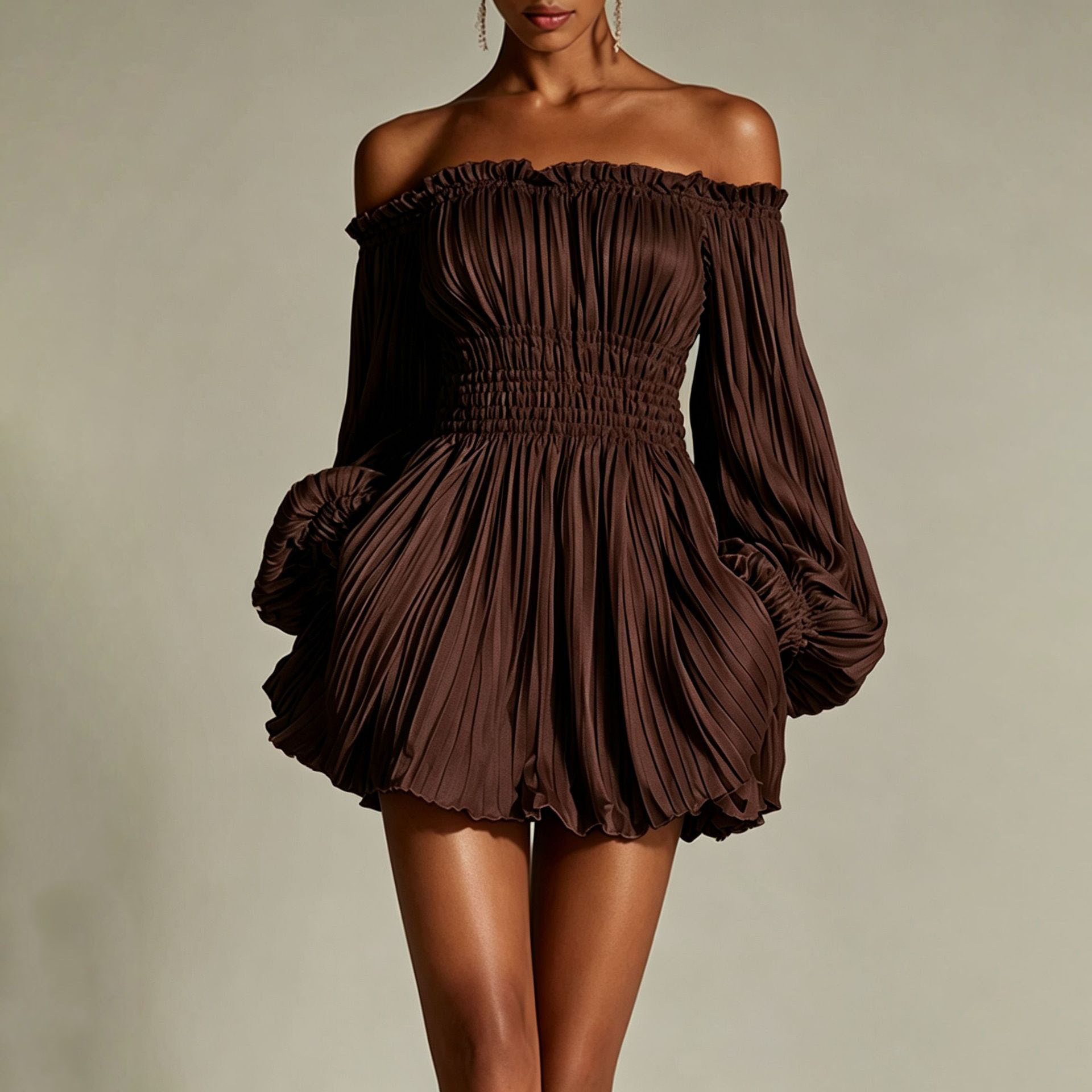 Off-Shoulder Ruched Long-Sleeve A-Line Dress