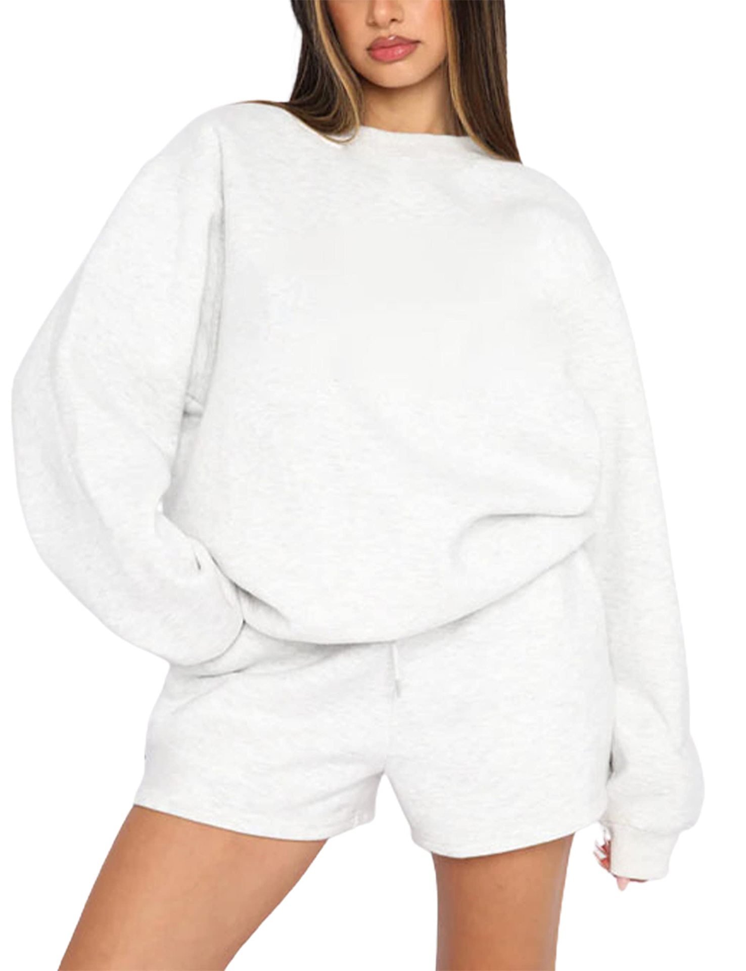 Women's Solid Crewneck Long-Sleeve Pullover Sweatshirt and Shorts Set
