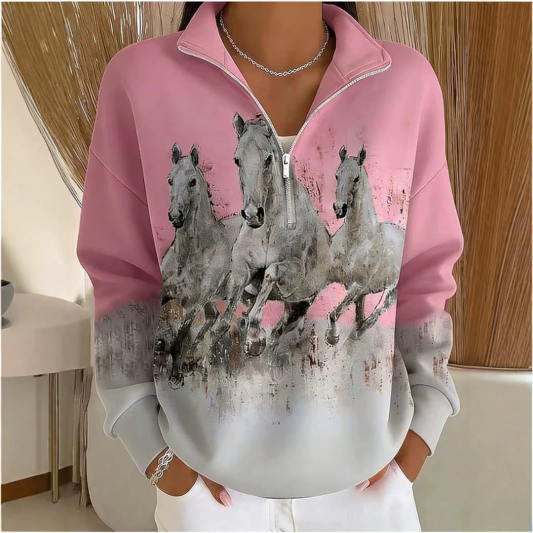 Galloping Horse Print Half-Zip Hoodie for Women