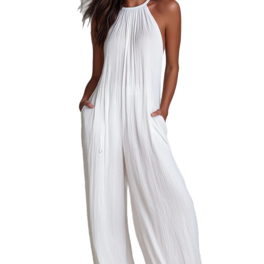 Women's White Pleated Open-Back Wide-Leg Jumpsuit