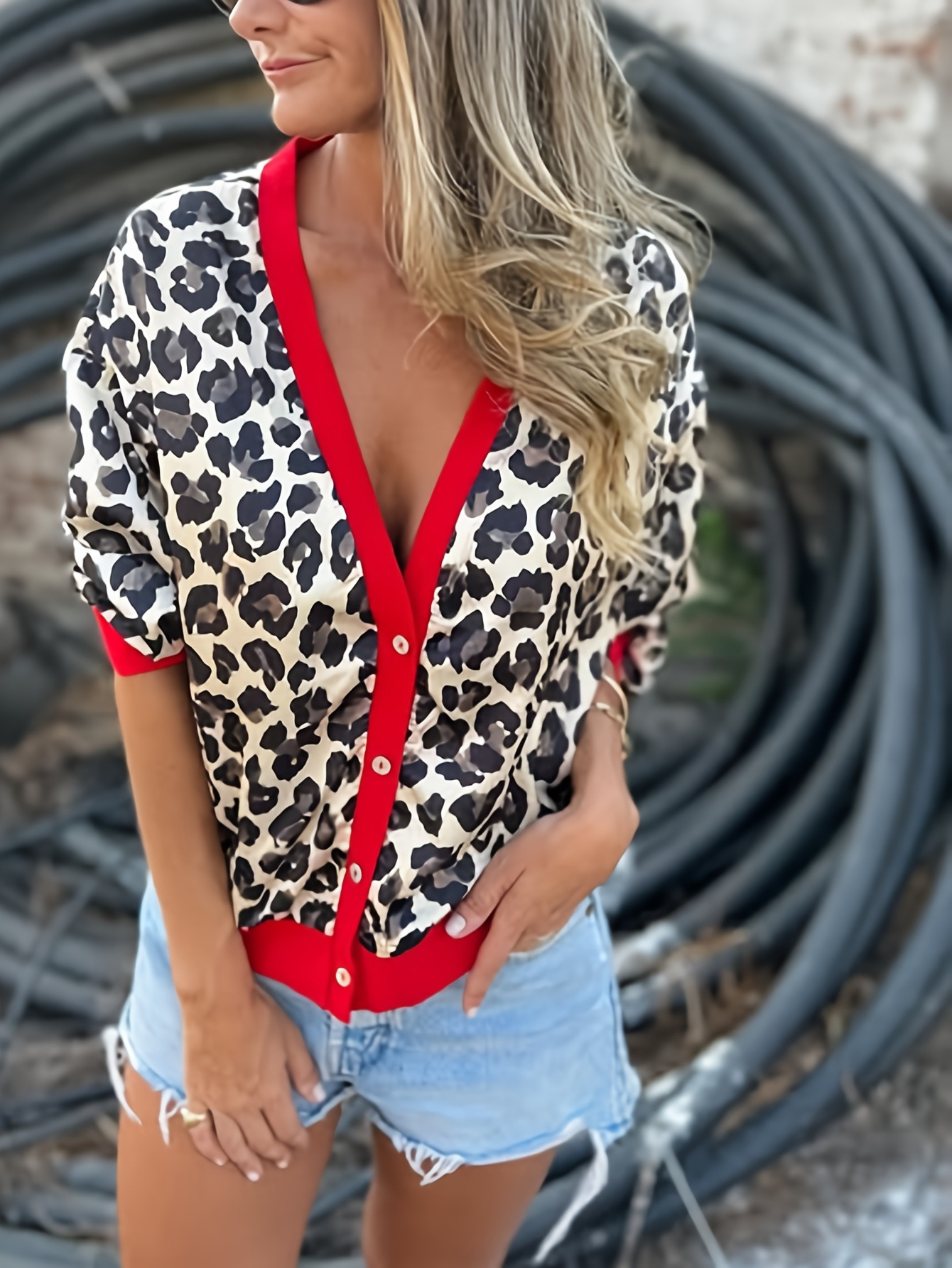 Women's Leopard Print Color-Block Cardigan with Metal Buttons