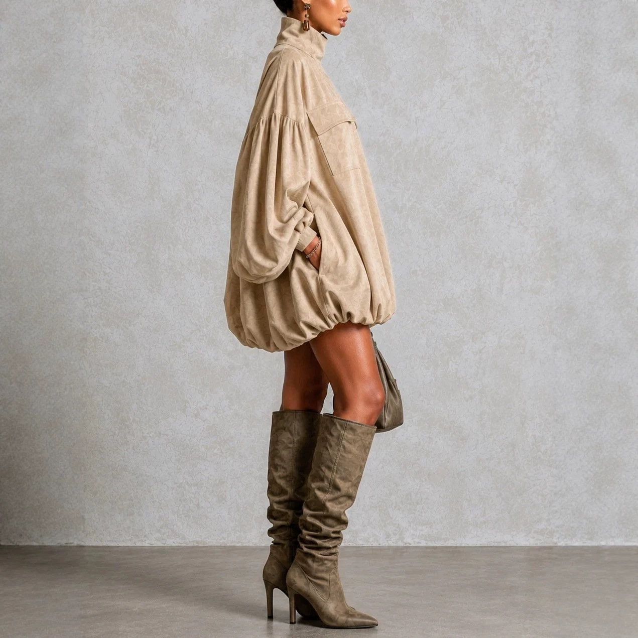 Khaki High Neck Lantern Sleeve Pocket Loose Bubble Hem Mini Dress