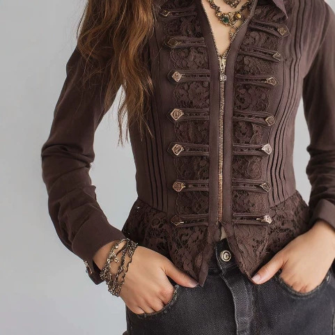 Retro Solid Color Lace-Trim Zip Jacket