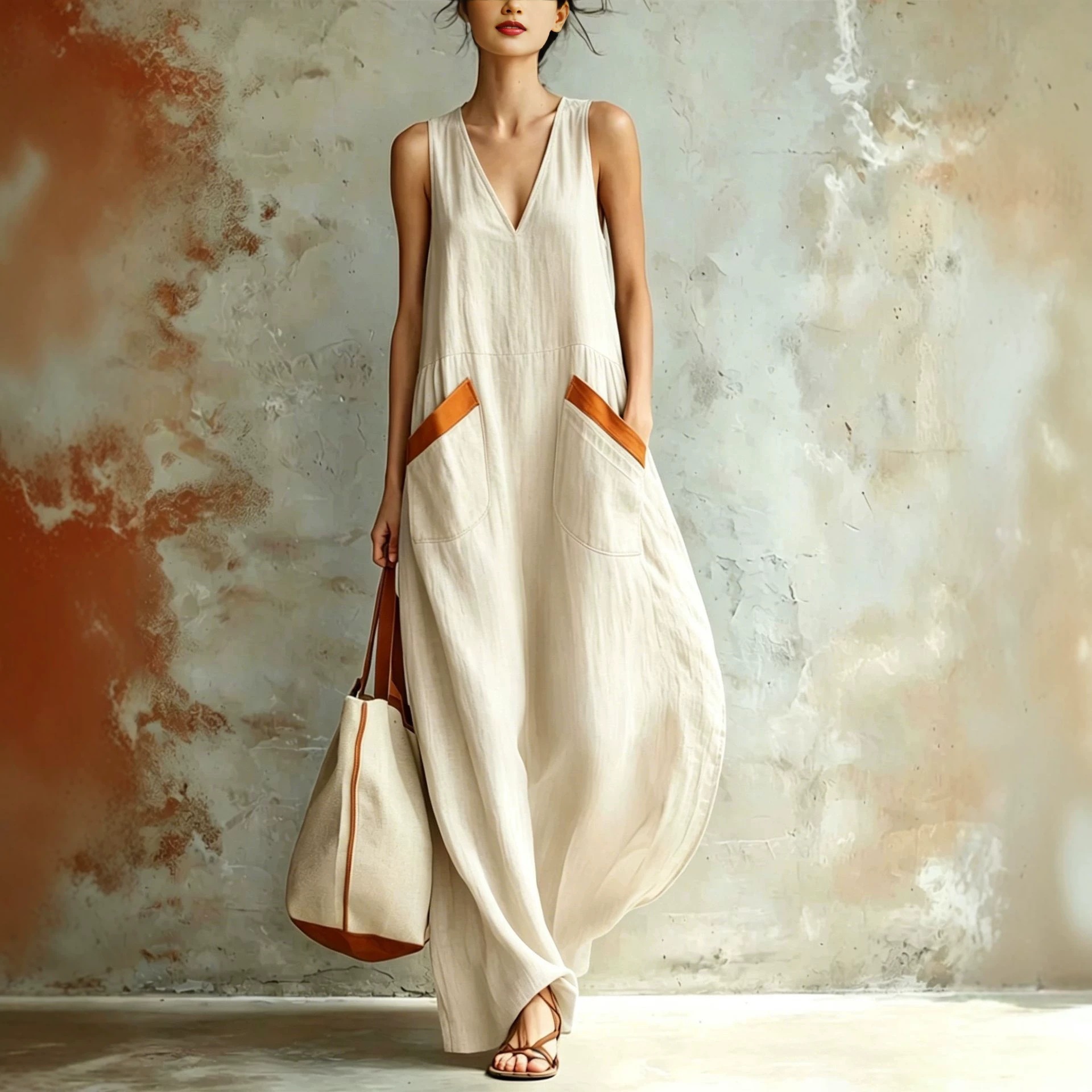 V-Neck Loose Lightweight Sleeveless Maxi Dress