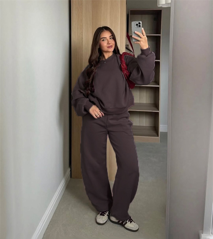 Women's Crewneck Long Sleeve Sweatshirt & Wide Leg Pants Set Casual Solid Color