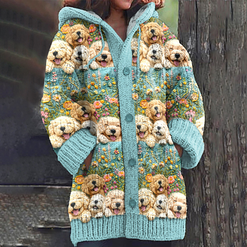 Women's Floral Ghost Print Hooded Button Cardigan Sweater