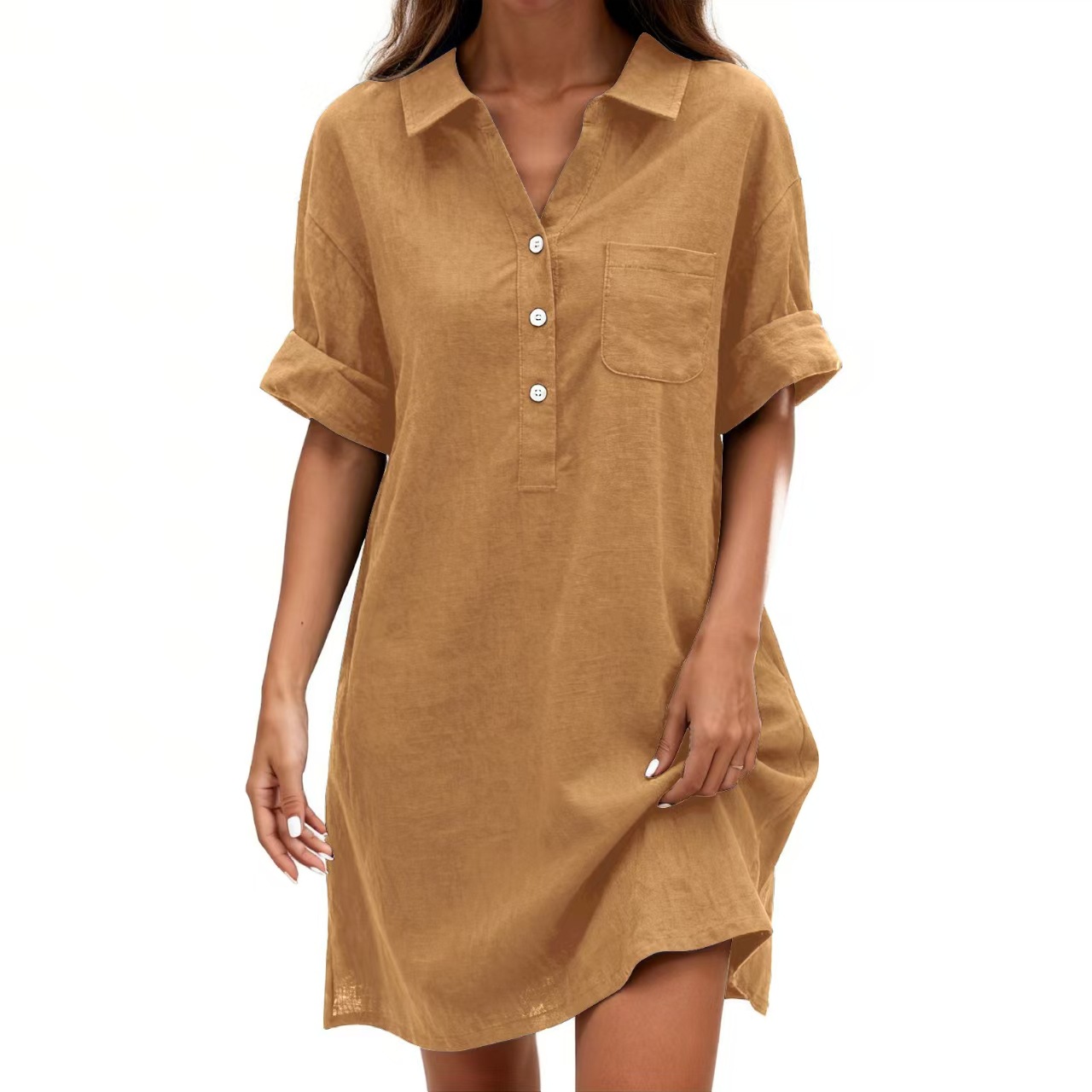 Women's Cotton Short Sleeve Midi Dress with Small Lapel Collar
