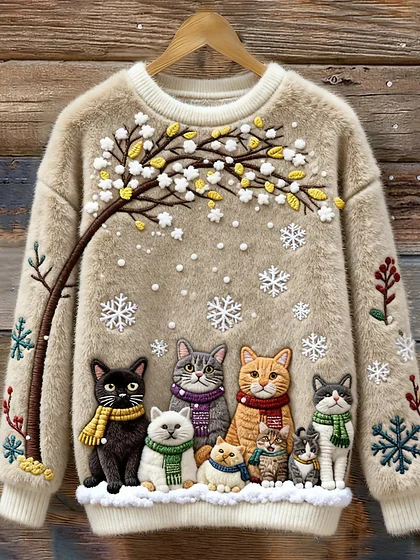 Women's Cute Cat Print Crewneck Sweatshirt
