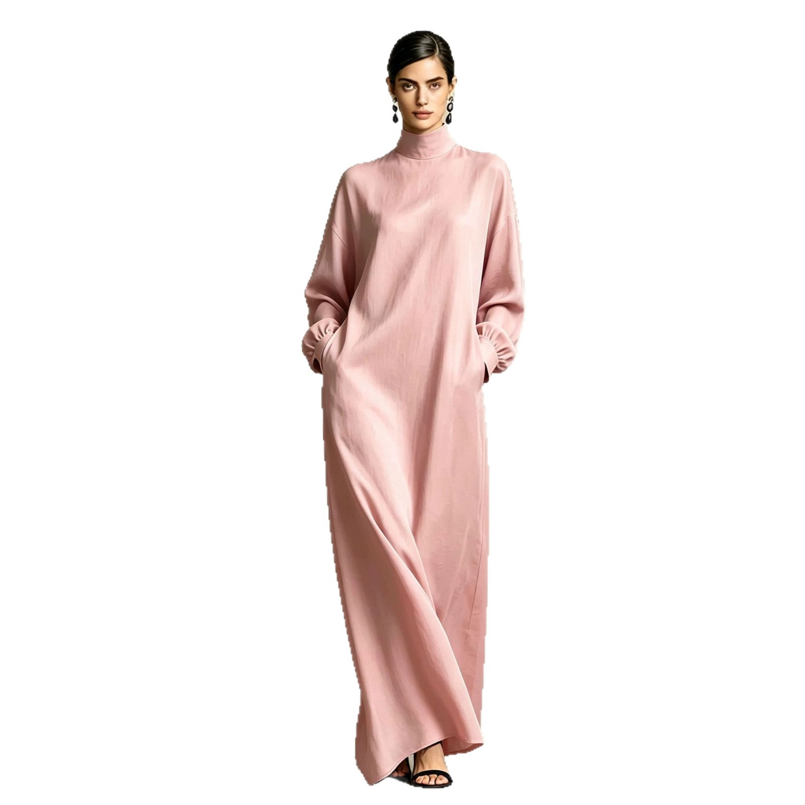 Women's Solid High Neck Loose Casual A-Line Long Dress