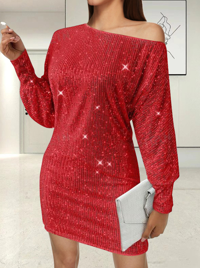 Elegant Solid Sequin Long Sleeve Bodycon Dress