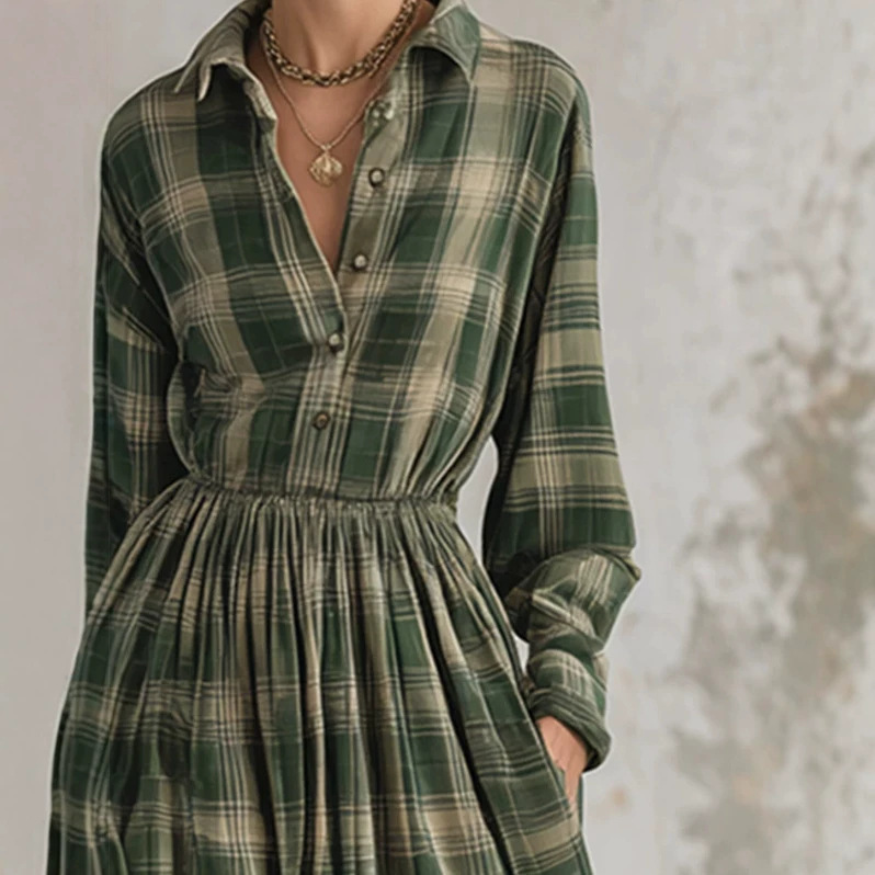 Retro Plaid Long Sleeve High-Waist Maxi Dress with Pockets