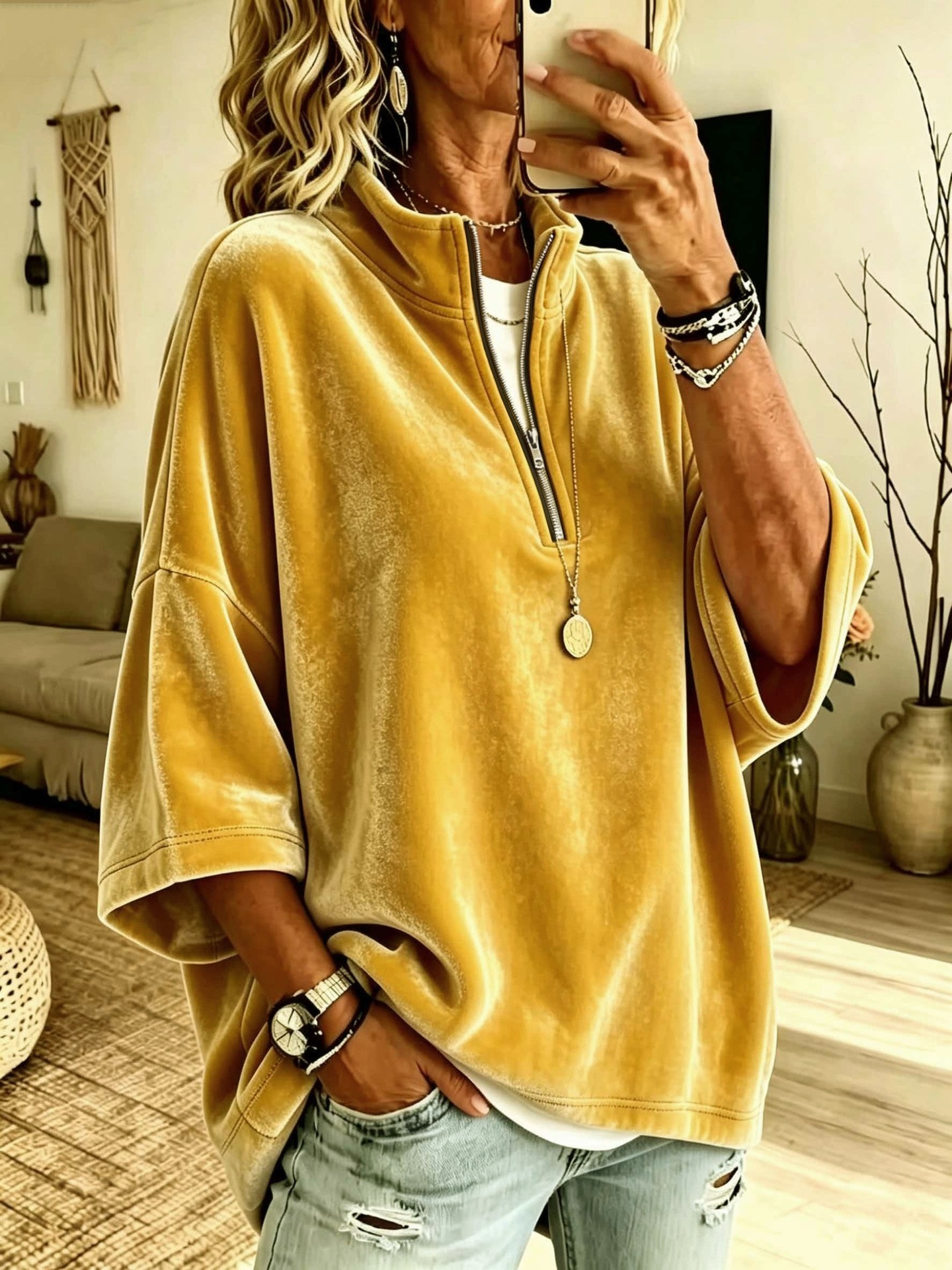 Women's Velvet Zip-Up Top with 7/8 Sleeves and High Neck