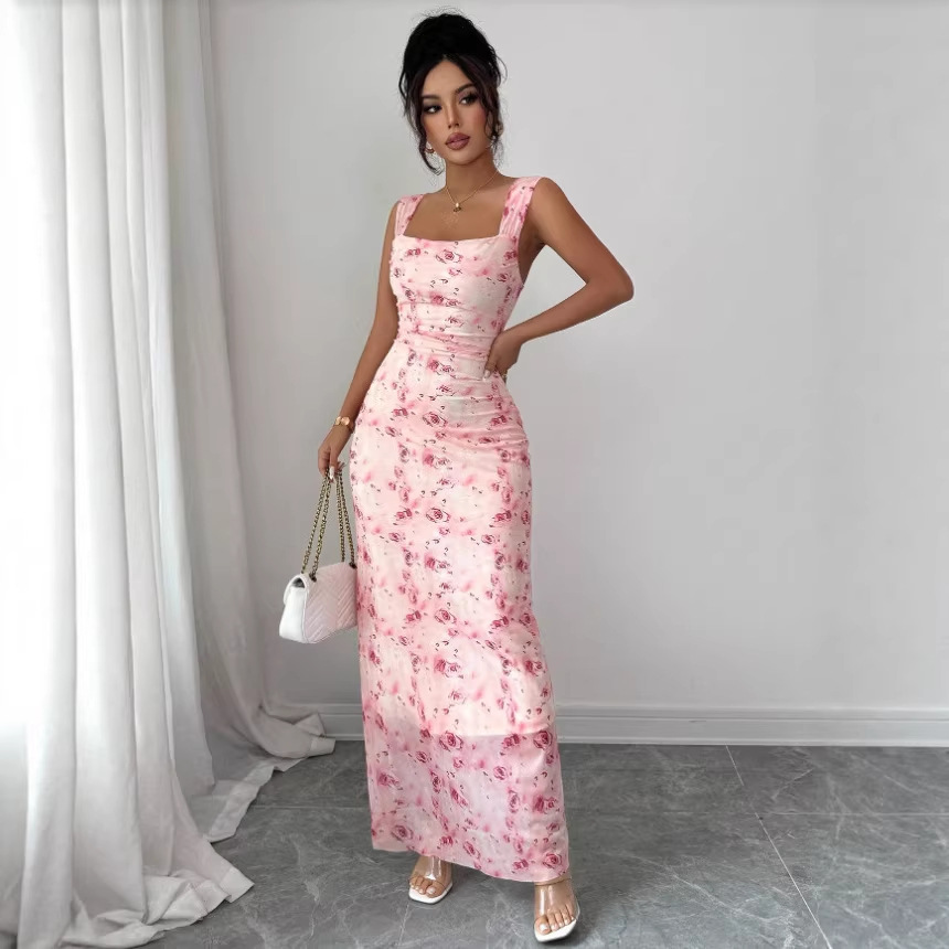 Slim-Fit Floral Print Sleeveless Long Dress