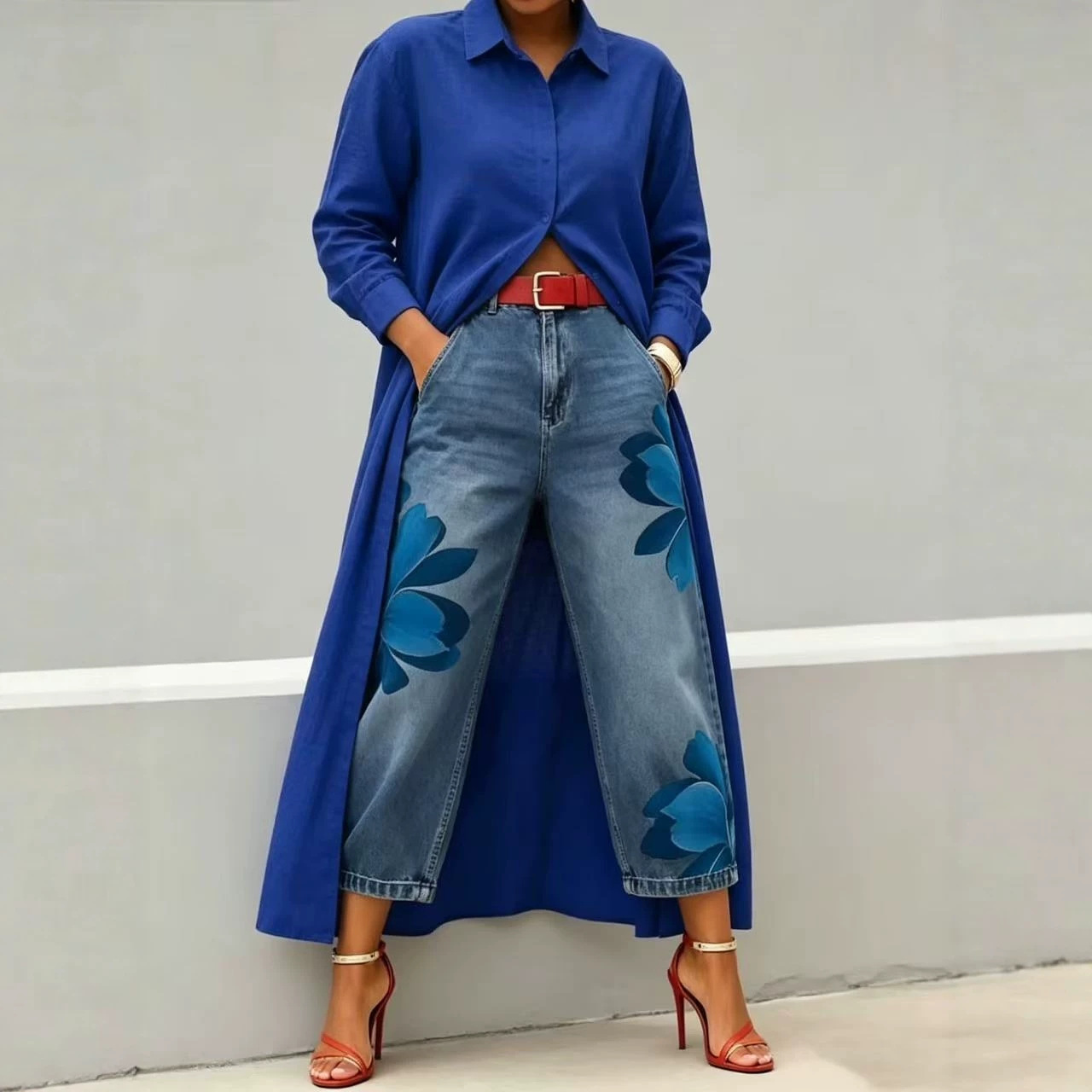 Yellow Long Shirt Jacket & Floral Wide-Leg Jeans Set