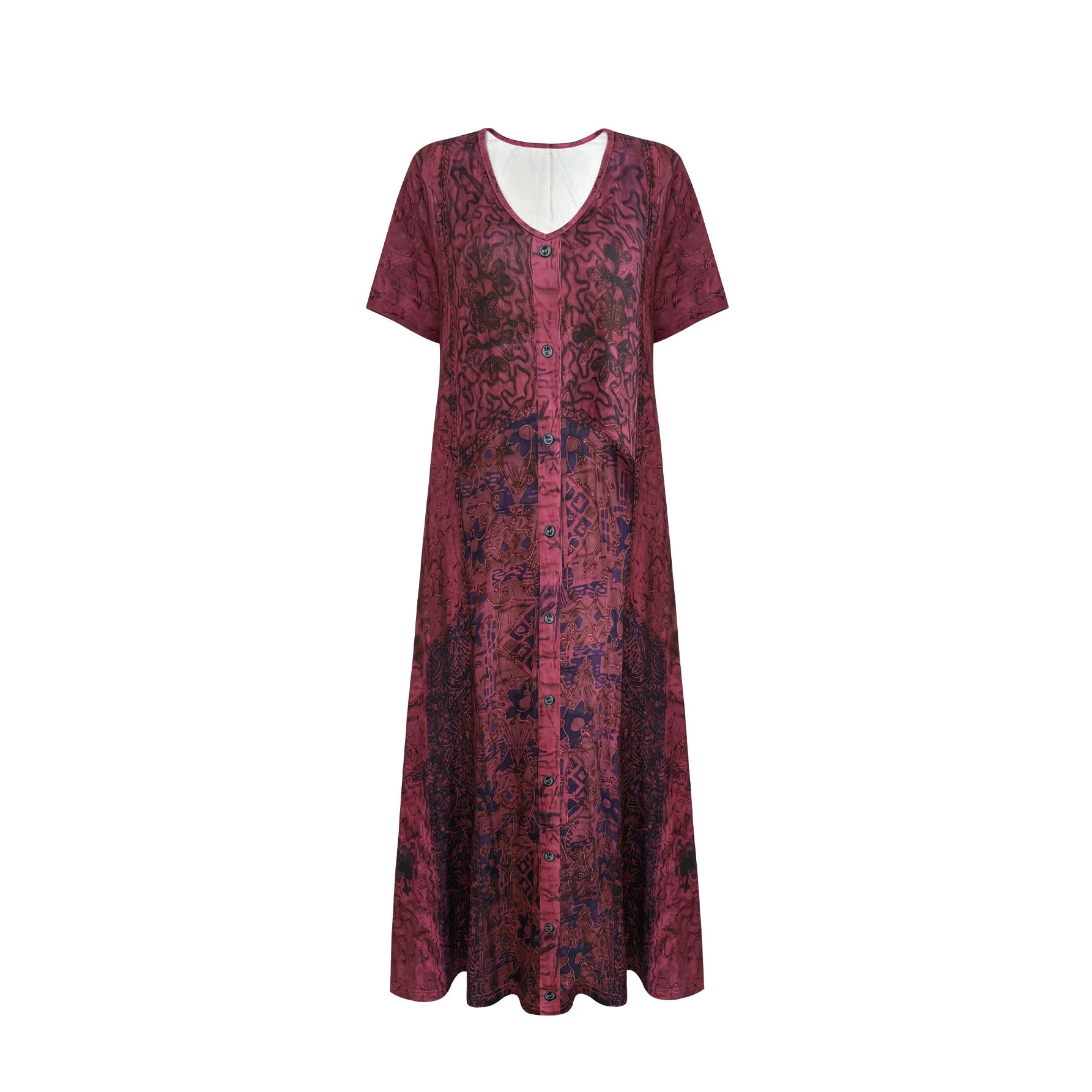Bohemian Geometric Print V-Neck Button A-Line Midi Dress