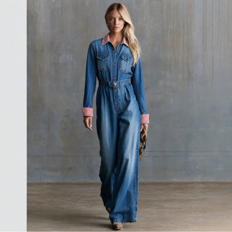Retro Striped Collar Blue Button Denim Jumpsuit