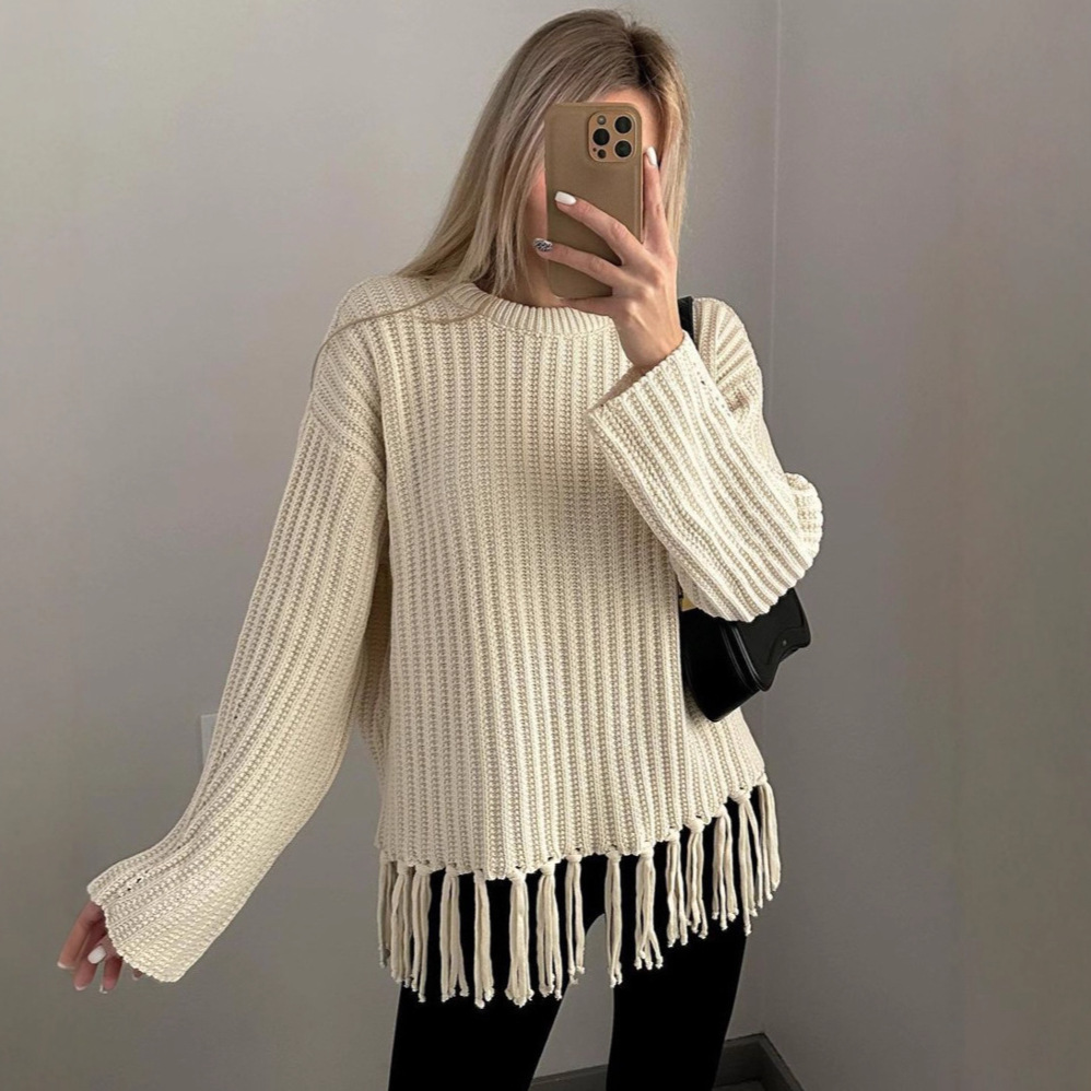 Fringe Sweater Women's Thick Loose Casual Solid Color Long Sleeve Knit Top